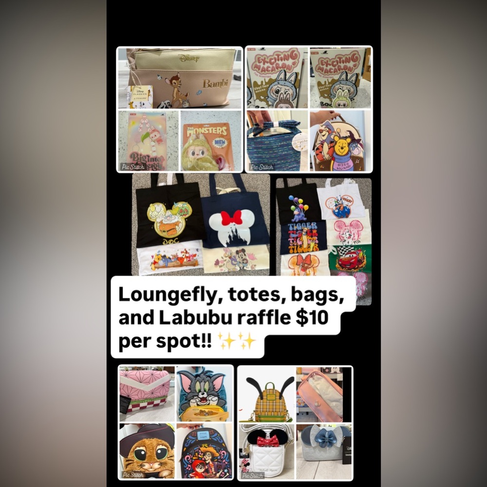 NWT Loungefly, Disney totes, Disney bags, and labubus for raffle!! $10 a spot!